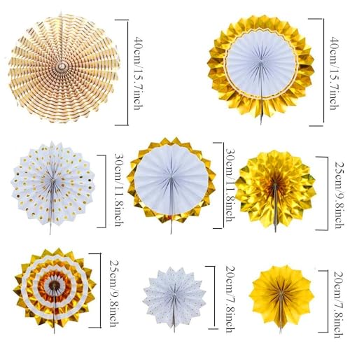Image of Pop The Party Premium Gold & White Paper Fan Decoration Set | Shimmer Metallic & Polka Dot Rosette Fans for Birthday, Wedding, Anniversary, Party & Home Decor (Set of 8)