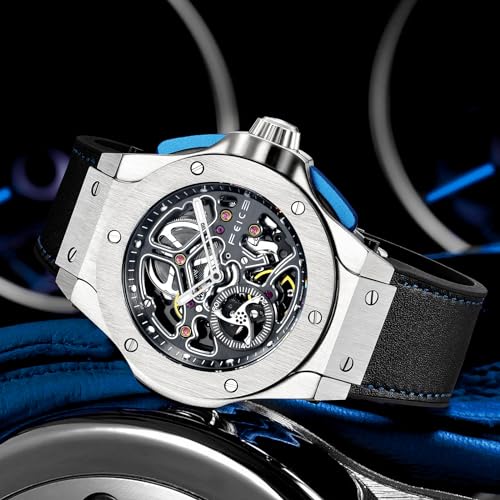 Image of FEICE Skeleton Automatic Watch Men Analog with Stainless Steel Sapphire Mirror Black Silicone Strap FM701, Silver, Modern