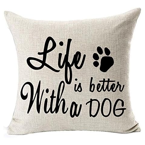 Andreannie Best Dog Lover Gifts Nordic Warm Sweet Funny Sayings Life is Better with A Dog Bone Paw Prints Cotton Linen Throw Pillow Case Cushion Cover New Home Decorative Square 20 X 20 Inches Cover