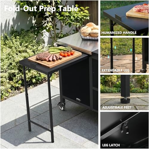 Image of Merax 72.4 inch Large Grill Table for Large Big Green Egg, Metal Outdoor Grill Cart with Fold-Out Prep Table, Adjustable Shelves, Spice Rack, Outdoor Kitchen Island for Big Green Egg, Kamado Joe Classic