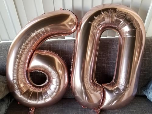 Image of 60 Balloon 40 inch Rose Gold Number Balloons for 60th Birthday Decoration | Saturated Color, Large 40 in, With Straw & Hanging Hole, For Back-to-School Season, Wedding, Christmas, New Year, Anniversary