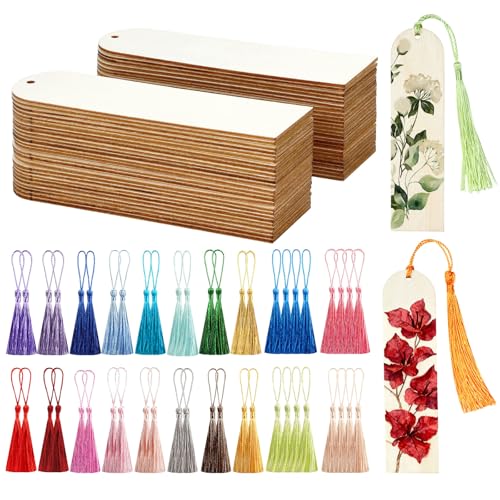 50 Pcs Wooden Bookmarks Unfinished Wooden Bookmarks with 50 Pcs Tassels DIY Blank Wood Bookmark for DIY Art Crafts Birthday Gifts Christmas Party Decoration (Arch Shape)