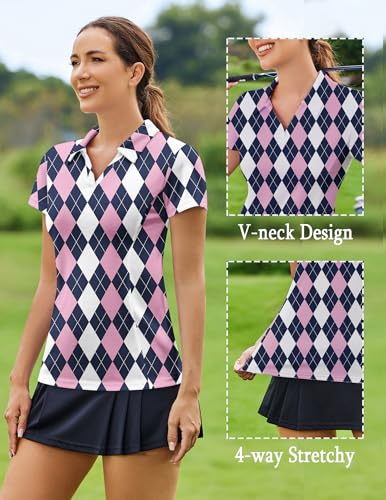 Image of PINSPARK Womens Golf Shirt Short Sleeve Polo V-Neck Quick Dry Tennis Tops | Moisture-wicking Breathable Fabric, Classic Collar, Slim Fit, Ideal for Golf Tennis Pickleball Casual