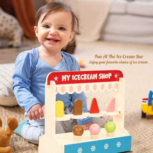 Image of Baybee Ice Cream Shop for Kids, Pretend Play Toys with 8 Pcs Playset, Educational Role Play Toy for Girls & Boys, Child-Safe Wooden Icecream Play Set for Kids Age 3 & Above