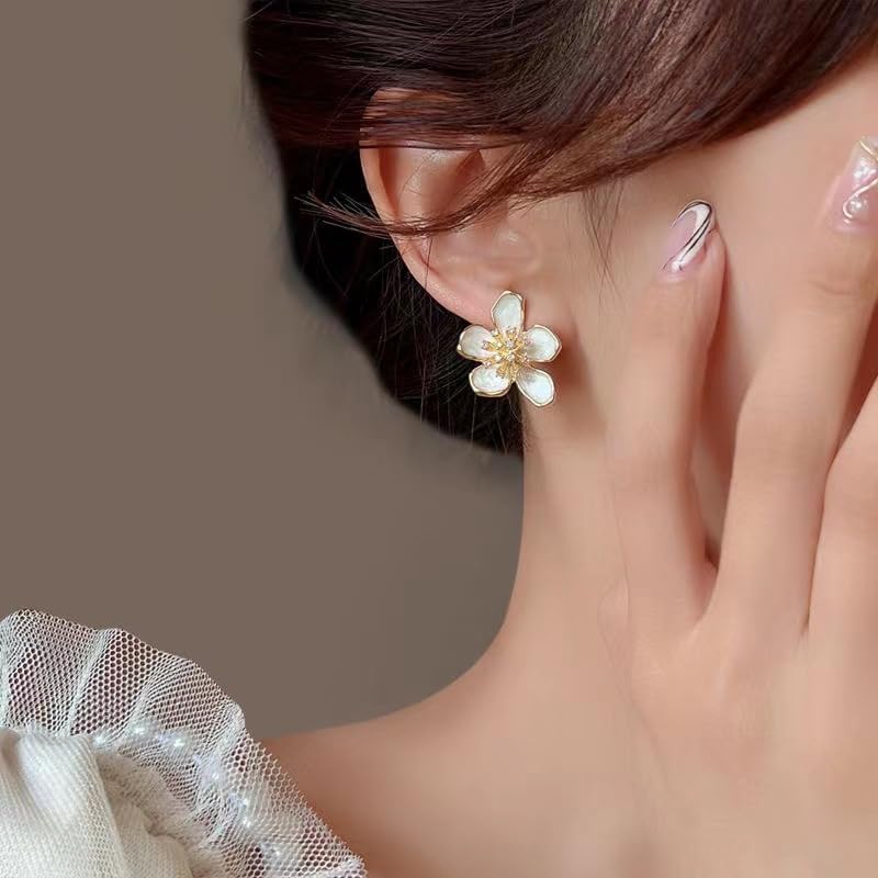 Anmpab White Enamel Drip Oil Five Petal Flower Stud Earrings for Women Statement Rhinestone Flower Earrings Wedding Birthday Jewelry - Image 3