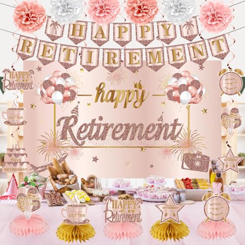 Image of Kuxriox 20PCS Retirement Party Decorations Kit for Women, Pink Rose Gold Retirement Backdrop Balloons Honeycomb Centerpiece Swirl Paper Pompoms Party Supplies, Retired Sash Table Topper Swirls Set