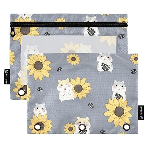 Emelivor Cute Sunflower Hamster Pencil Pouch for 3 Ring Binder 2 Pack Binder Pencil Pouches Zippered Clear Pencil Case Cosmetic Bag for Office Daily College Supplies Cover
