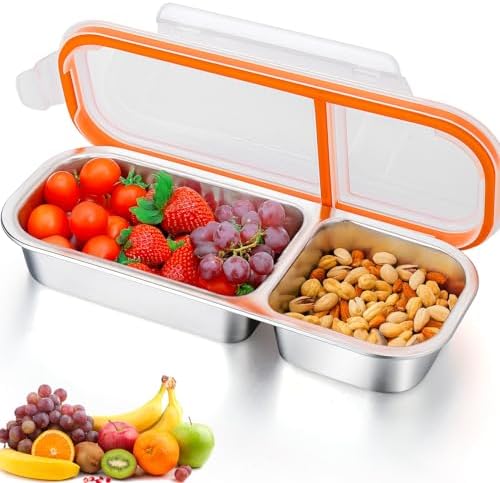 AIERSA Stainless Steel 2 Compartment Lunch Box, Size 10.3 in X 4 in Large Snack Containers with Lids,Divided Bento box for Take-out Condiments, Leakproof