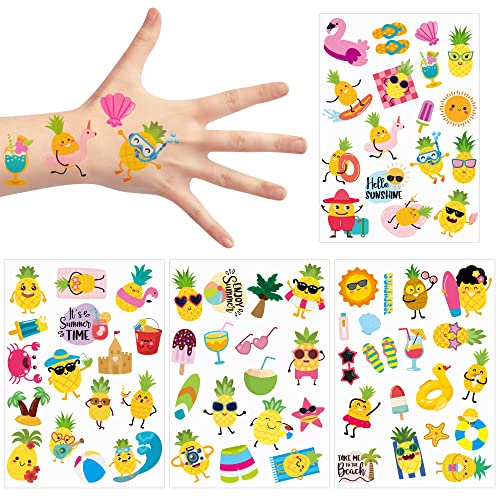 3sscha 8 Sheets Summer Pineapple Temporary Tattoo for Kids Cartoon Flamingo Swim Ring Non-toxic Tats Stickers Waterproof Palm Ice Cream Body Sticker Art Decal Beach Party Favor Supplies for Boys Girls