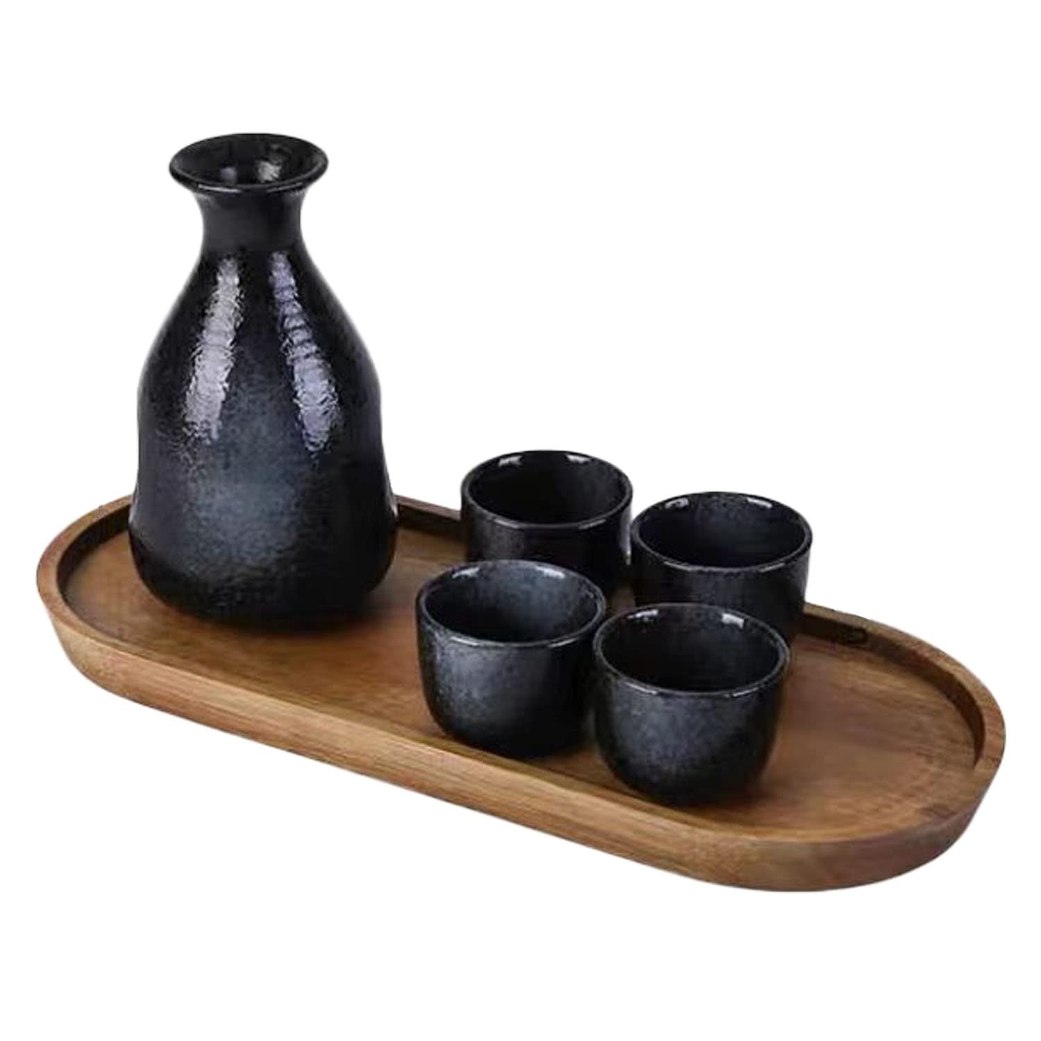 Set de Saké Japonais Bouteille de Saké en Céramique et Coupes de Saké avec Plateau en Bois pour la Maison ou Le Restaurant (1 Pot 4 Tasses)