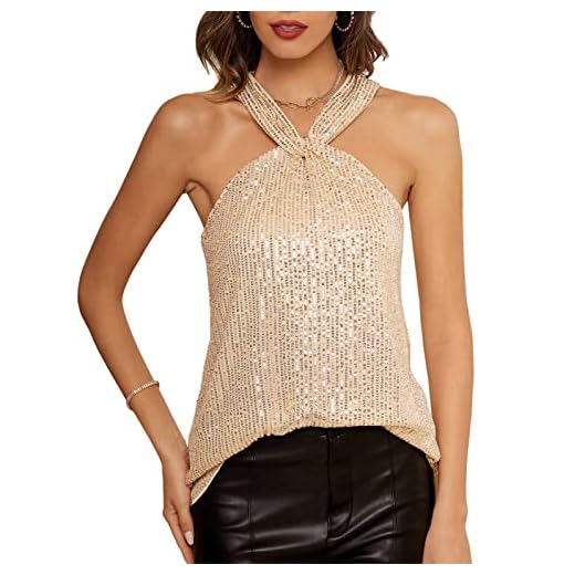 Women's Sleeveless Sequin Sparkle Tank Knot Front Halter Sparkle Top Gold M