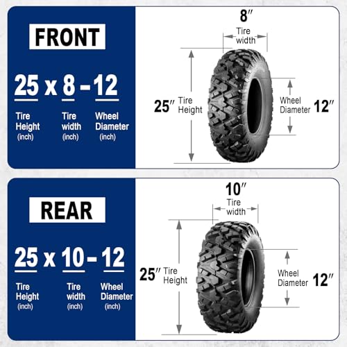 Image of MaxAuto Set of 4 UTV ATV Tires 25x8-12 Front & 25X10-12 Rear Tire, 6PR Tubeless, Four Wheeler Tires All Terrain Tire 25x8x12 Sport Mud-Tires 25x10x12 Off Road Tire, 4 Pack in 2 Packages