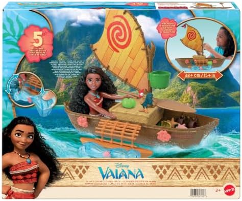 Mattel Disney Vaiana Ocean Voyager Kanu-Schwimmspielset | 5 Spielbereiche, 9 Zubehörteile, Heihei-Tierfigur und Wippe, inspiriert vom Disney-Film, JLN22