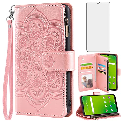 Asuwish Phone Case for Cricket Dream 5G/Innovate 5G/AT&T Radiant Max 5G/Fusion 5G Wallet Cover with Tempered Glass Screen Protector and Flip Credit Card Holder Stand Cell ATT G5 6.82 Women Rose Gold