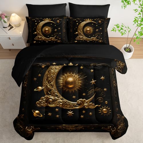 lneffble 7 Piece Black and Gold Galaxy Comforter Set King Size，Sun and Moon Bedding Set King，(1 Comforter, 1 Flat Sheet, 1 Fitted Sheet, 2 Pillowcase and 2 Pillow Sham)，Astrology Bedroom Decor