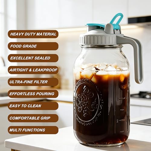 Image of Mason Jar Cold Brew Coffee Maker 64 OZ ( 2 Quart ) Wide Mouth Cold Brew Pitcher With Brew Filter For Coffee, Iced Tea, Sun Tea, Lemonade