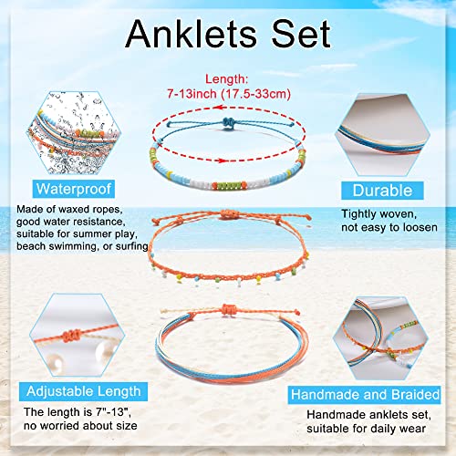 Tarsus Anklets For Women Teen Girls Waterproof, Hand-Knitted Thread Wax Stackable Beaded Ankle Bracelets Yarn Beachy 3 Anklets Set #TOP1