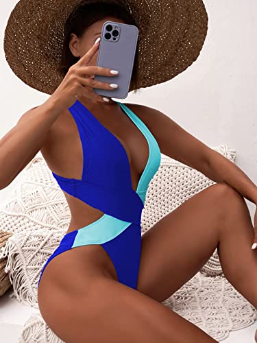 Meetall High Cut Cheeky Color Block Swimsuits For Women Sexy One Piece Bathing Suit For Women Cutout Monokini Cute Swimwear Cyan Blue Size S #TOP1
