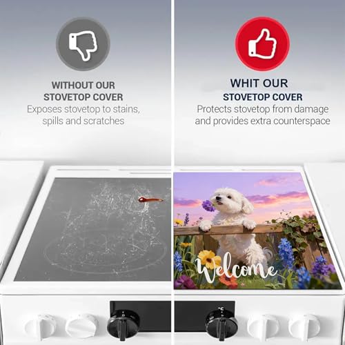Image of HOMETITUTE Spring Stove Top Covers for Electric Stove 28x20 Inches Puppy Flower Garden Sunset Heat Resistant Glass Cooktop Protector Pad Decorative Stovetop Cover Dish Drying Mats for Kitchen Decor