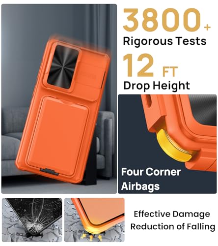 Image of SSLOTSCASE for Samsung Galaxy S26 Ultra Case with Hidden Card Holder & Camera Stand & Adjustable Kickstand & Slide Camera Cover & Wallet, Military-Grade Heavy Duty Phone Cover for S26 Ultra, Orange