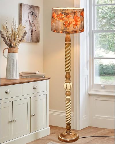 Image of Homesake Rustic Wood Floor Lamp for Living Room Walnut Brown with Multicolor Fabric Lamp Shade | Light Decoration for Home Corner Lamp for Living Room | Antique Floor Light, Twisted Ropes