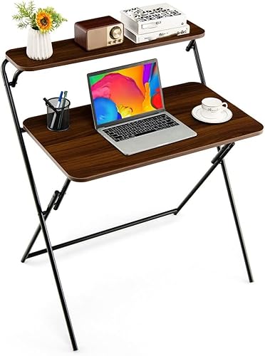 FZZDP Escritorio plegable para computadora portátil de 2 niveles para oficina en casa no se ensambla color marrón