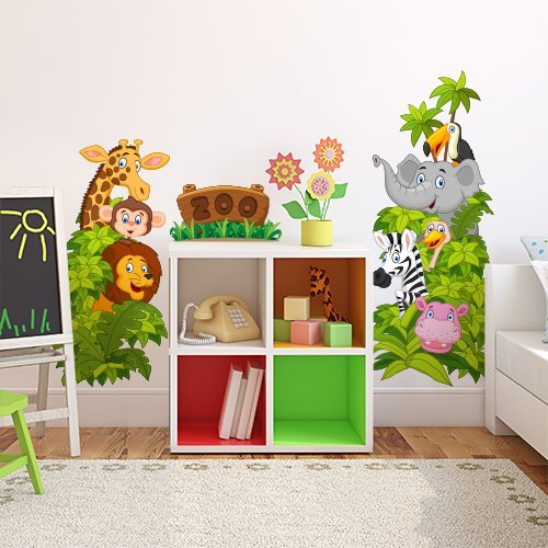 kina - R00747 muurstickers voor kinderen, milieuvriendelijk, zacht, herbruikbaar, jungle, heteluchtballon, wanddecoratie, kinderkamer, kleuterschool, vest, behang