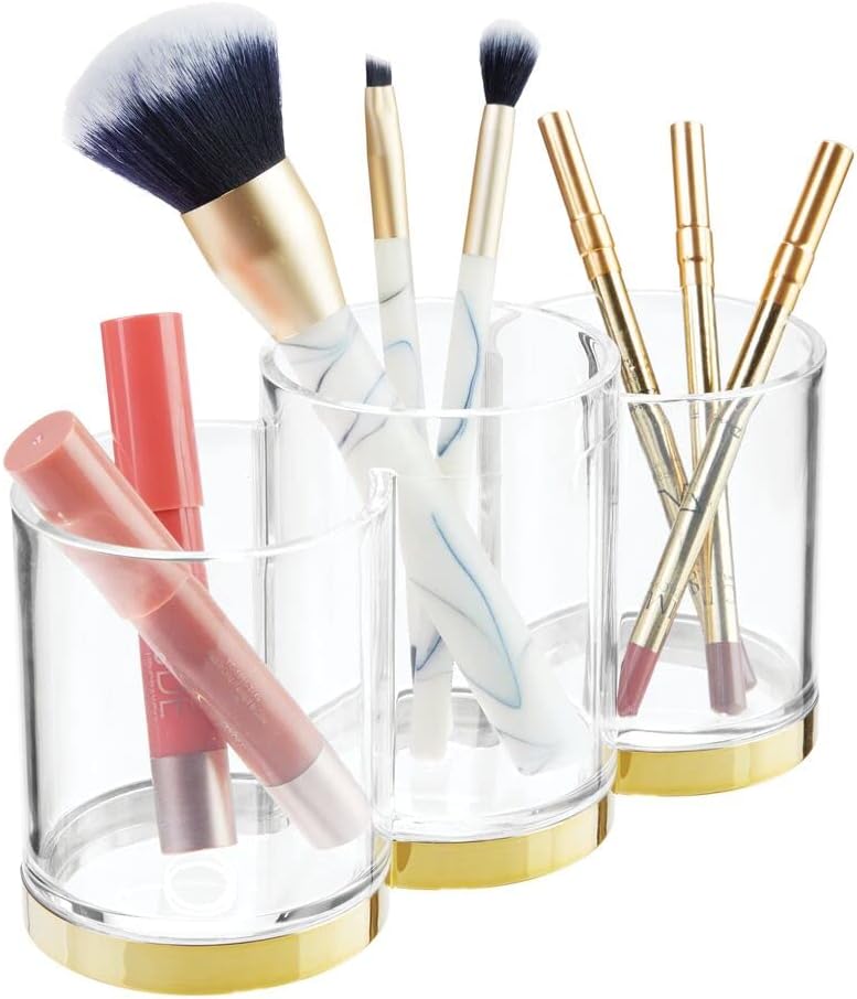 mDesign 3- Section Makeup Brush Organizer for Bathroom Vanity - Plastic Brush Holder for Makeup - Storage Cup for Eyeliner, Lipstick, Concealer - Cosmetic Holder, Lumiere Collection, Clear/Soft Brass