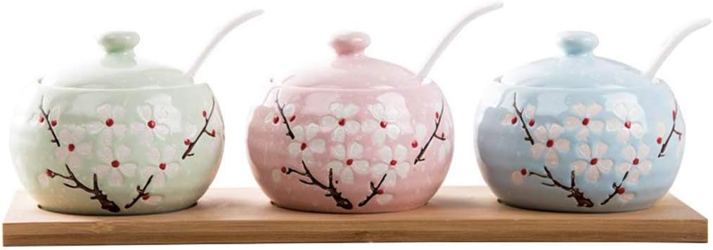 Ceramic Food Storage Porcelain Condiment Container Spice Jar with Lids - Serving Spoon, Wooden Tray