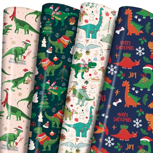 PlandRichW Dinosaurs Christmas Wrapping Paper - 6 Jumbo Xmas Sheets 28x40 with Santa - Hat Dinosaurs Festive Trees & Snowman Patterns - Holiday Gift Wrap for All Ages Easy - Storage Flat Sheets