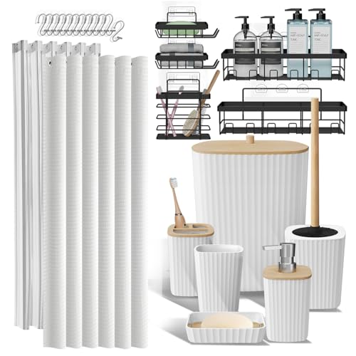 Clara Clark Bathroom Accessories Set - Bathroom Set with Adhesive Corner Shower Caddy Hanging, 25PC Bathroom Accessory Set, White Shower Curtain Set, Toilet Brush, Trash Can & Soap Dispenser