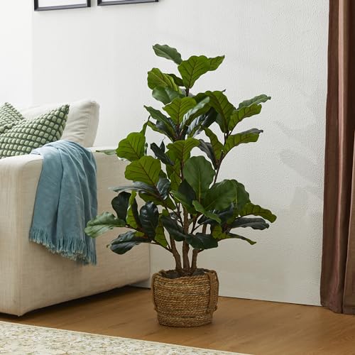 Glitzhome 3.5FT Artificial Fiddle Leaf Fig Tree for Home Decor, Faux Plant Fake Ficus lyrata Silk Trees with Pot for Indoor Outdoor House Living Room Office