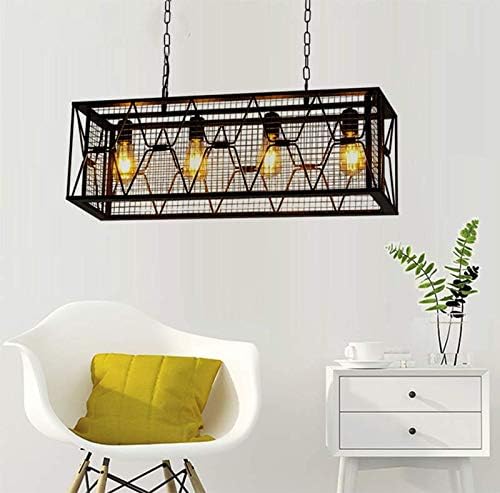 LITFAD Industrial Mesh Metal Cage Island Lighting 4 Lights Vintage Island Linear Pendant Over Kitchen Island Edison Hanging Light Fixture for Dining Room Restaurant Cafe