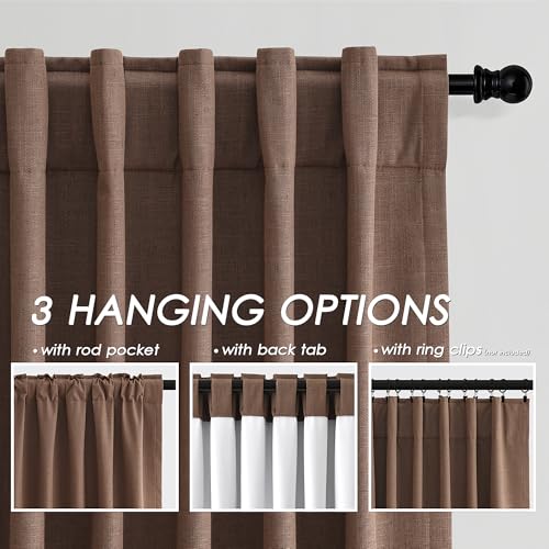 Image of Nanspring Caramel Brown 100% Blackout Linen Curtains for Bedroom 90 Inches Long Back Tab Rod Pocket Thermal Insulated Vintage Rustic Black Out Curtain for Living Room Office Drapes 52x90, 2 Panels