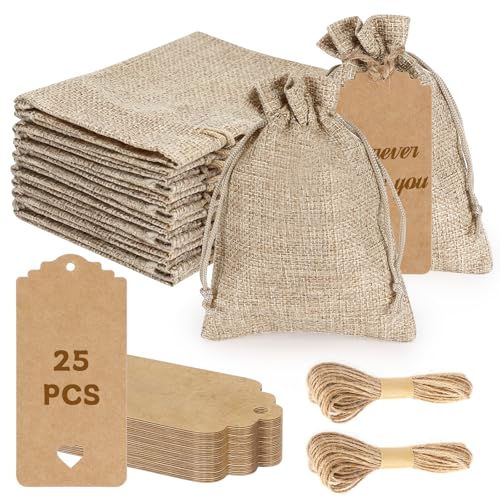 25 Pièces Sachets en Jute, 10x14cm Pochettes Sachets en Lin Chanvre Réutilisable avec cordon et étiquettes cadeaux, Petits Sacs en Tissu pour Mariages Bijoux la Fête...