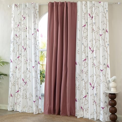 Image of Tranquebar Curtain Co. Cotton Curtains 7 Feet Long Set of 3, 60-65% Room Darkening, Pink Bird Print, Door Curtains 7 Feet Long Set of 3, BackTabs, Yori Red Combo(213 cm) - Set of 3