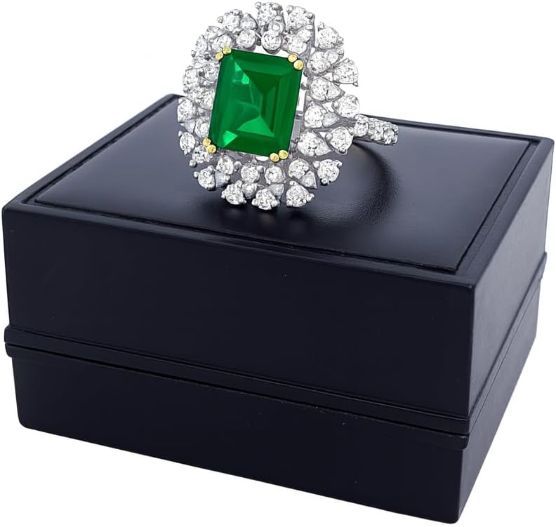 Sterling Silver Emerald Cut Green Emerald Ring with White Cubic Zirconia Halo, 14K White Gold Plated – Sizes 4 to 11