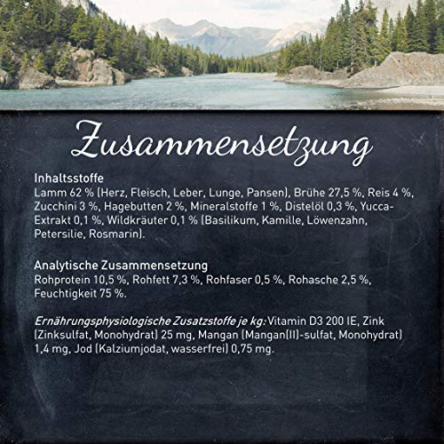 Wildes Land - Nassfutter für Hunde - Nr. 1 Lamm - 6 x 400 g - mit Reis, Zucchini, Wildkräutern & Distelöl - Glutenfrei - Extra viel Fleisch - Beste Akzeptanz und Verträglichkeit