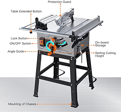 Table Saw For Jobsite, 10 Inch, 15-Amp 24T Blade 4800 RPM 45ºBevel Cutting With Extended Desktop, Pusher, Rip Fence, Miter Gauge, Metal Stand