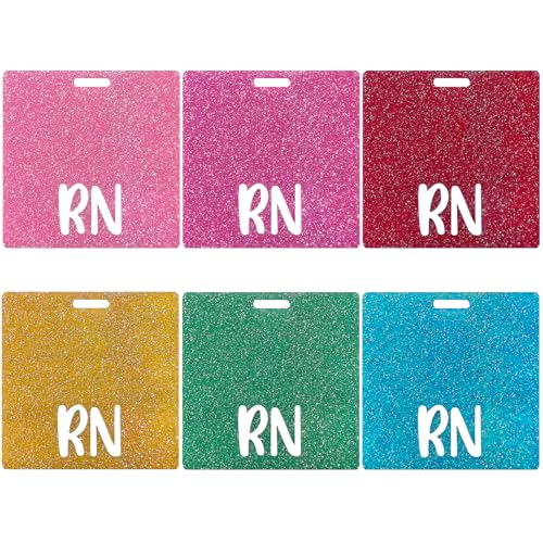 Huakaile 6 Packs Acrylic RN Badge Card Holders, 3.3''/8.38 CM Colorful Nurse Badge Buddy Horizontal Glitter Tag for Identification ID Registered Display Name Blanks Accessories B