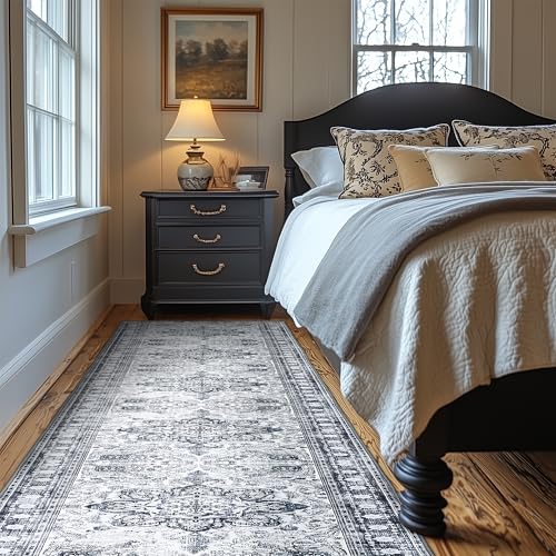 Image of 2x10 Runner Rug Non Slip Washable Bedside Laundry Room Floor Rug Low Pile Water Repellent Soft Distressed Carpet for Kitchen Living Room Bathroom Entryway(Grey,2x10ft)