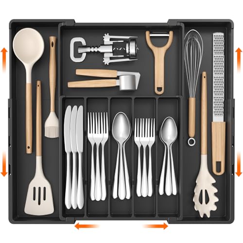 Lifewit Besteckkasten für Schubladen 5-8 Fächer Zweiwegig Verstellbar Kunststoff Organizer Küche Cutlery Organizer Breite von 30 5 auf 52 cm Besteckeinsatz für Löffel und Gabeln Schwarz
