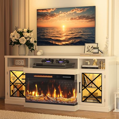 Image of BREEZEHEAT Fireplace TV Stand for TVs up to 75 inch, 3-Sided Electric Entertainment Center with 30 inch LED Fireplace, Media Console w /Storage Cabinet & Glass Doors, 65Inch, White
