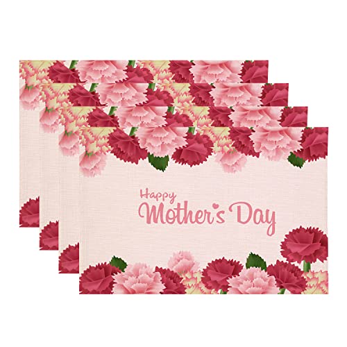 Baonews Happy Mother Day Placemats,Covered With Pink Carnation Flowers Place Mats For Dining/Kitchen Table Waterproof Washable Linen Heat Insulation Dinner Table Mats 12X18 In 4 Pcs #TOP9