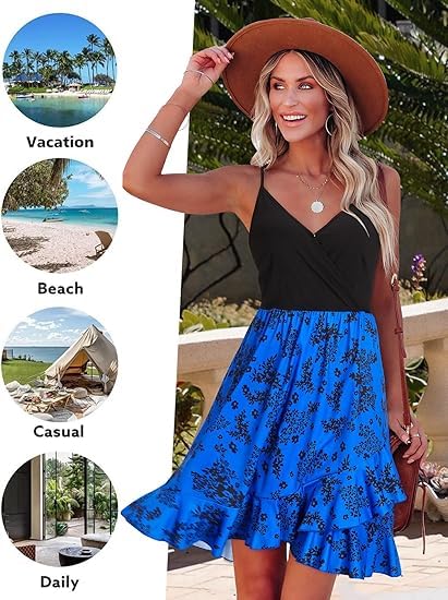 Image of ULTRANICE Womens Summer Dresses Floral V Neck Ruffled Hem Spaghetti Spring Casual Beach Outfits Flowy Wrap Sun Dress