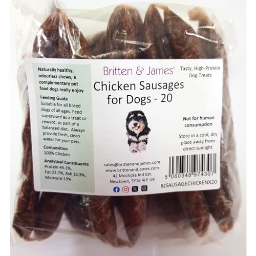 Britten and James 20 Premium Air Dried Chicken Sausages for Dogs (11cm length). 100% Natural and Healthy High Protein Treat - Grain Free, Hypoallergenic and Odourless