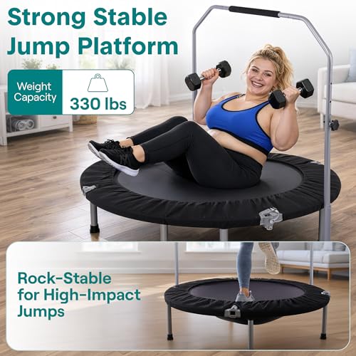 Image of SereneLife 40 inch Foldable Mini Trampoline for Adults - Compact Fitness Rebounder with Adjustable Foam Handle, Exercise Trampoline with Max Load 330lbs, Indoor /Garden Whole-Body Workout