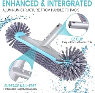Swimming Pool Brush Head with Round Ends，17.5" Heavy Duty Aluminum Back Head for Cleans Walls, Tiles & Floors, 7 Rows Premium Nylon Bristles with EZ Clips (Blue Grey)