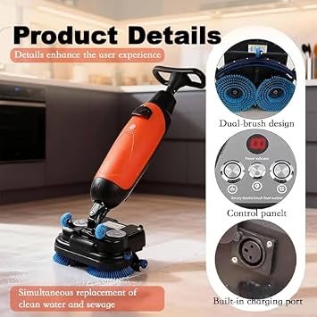 Mini Floor Scrubber with 17-Inch Width & 360 Rotating Brush - Ideal for Offices, Bathrooms, Hard Floors & Wood Floors - Efficient Cleaning Solution in Gray