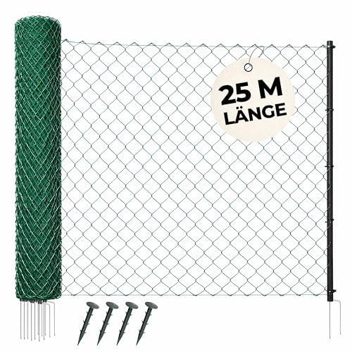 Herkules Geflügelnetz 25m x 120cm - Mobiler Geflügelzaun für Hühner - Stromloser Hühnerzaun mit engmaschigen und reißfesten Litzen - Geflügel Zaun inkl. 8 Weidezaunpfählen mit Doppelspitze